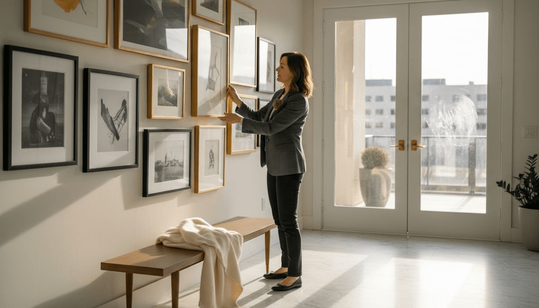 Woman adjusting art print in luxury entryway