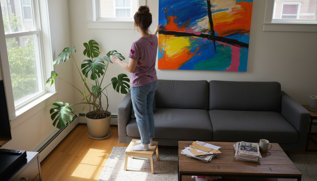 Woman hanging art in small apartment living room