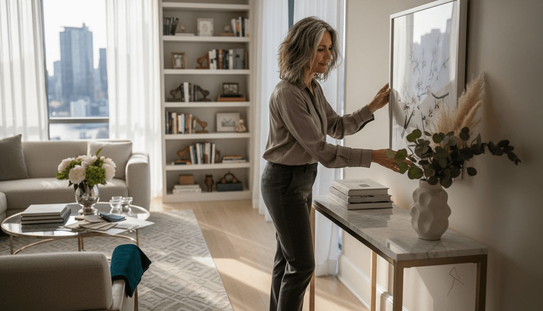 Designer hanging seasonal art print in luxury penthouse