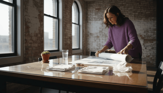 Woman arranging art print cleaning supplies