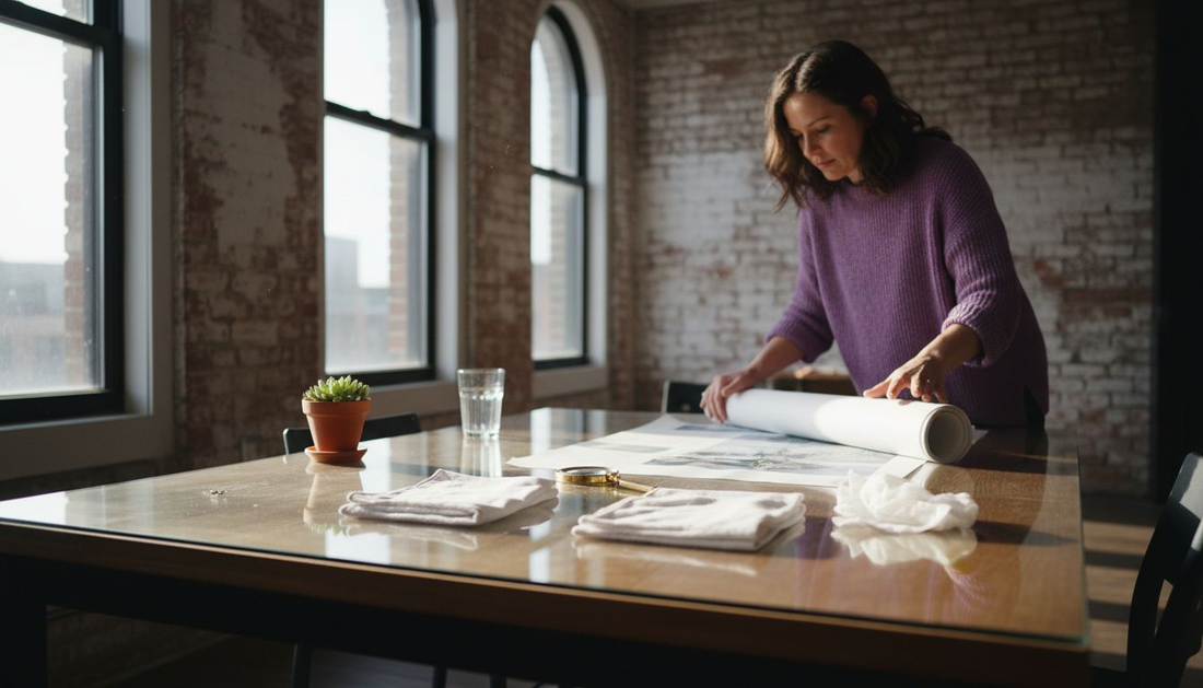 Woman arranging art print cleaning supplies