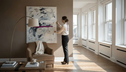 Designer arranging art in luxury living room