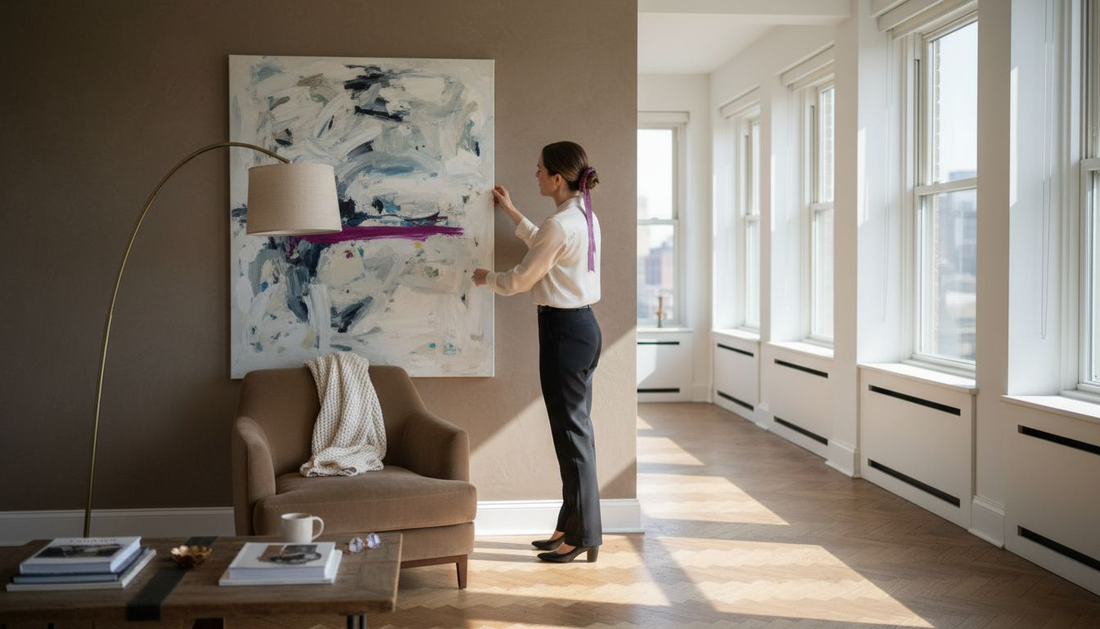 Designer arranging art in luxury living room