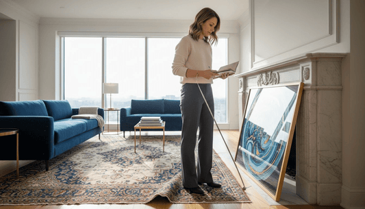Designer evaluating art print in luxury living room