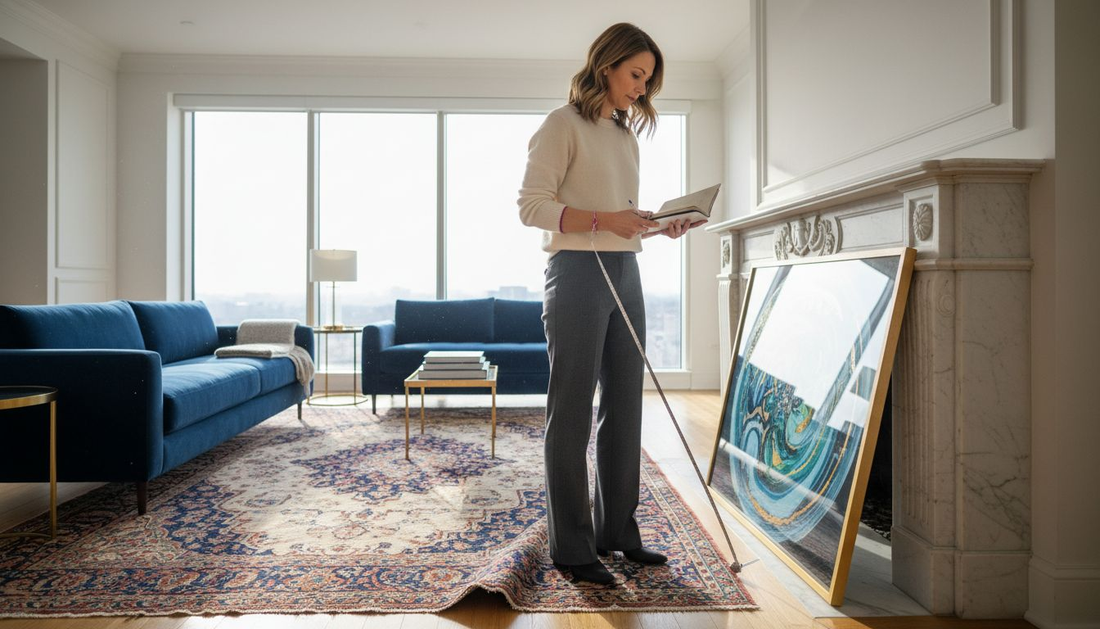 Designer evaluating art print in luxury living room