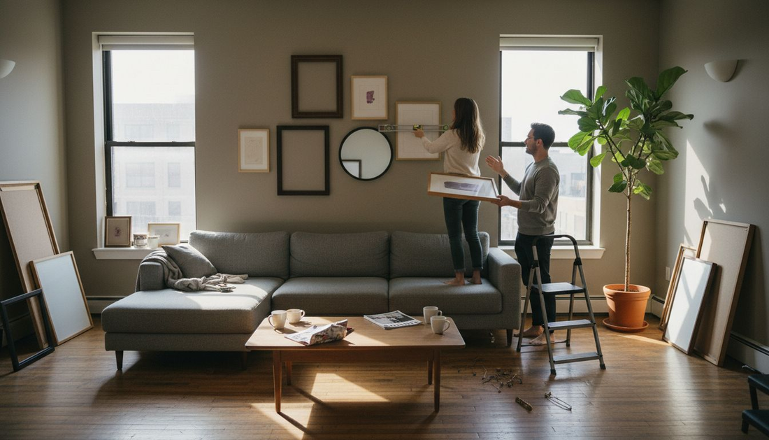 Couple arranging gallery wall in modern living room