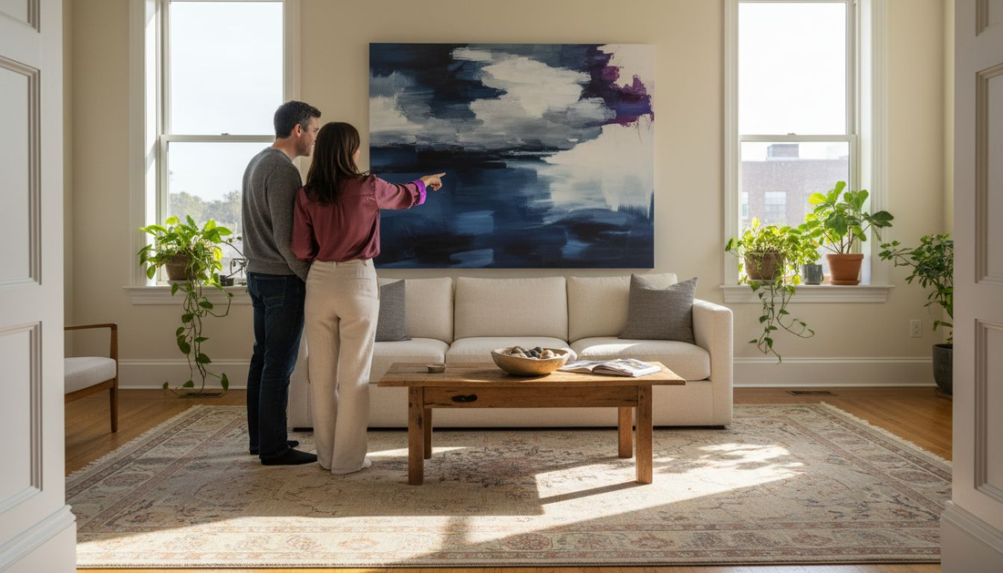 Couple choosing canvas art in upscale living room