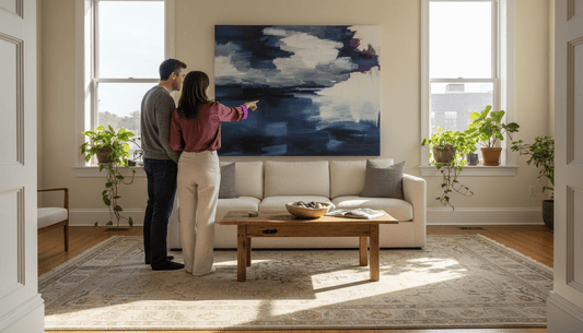 Couple choosing canvas art in upscale living room