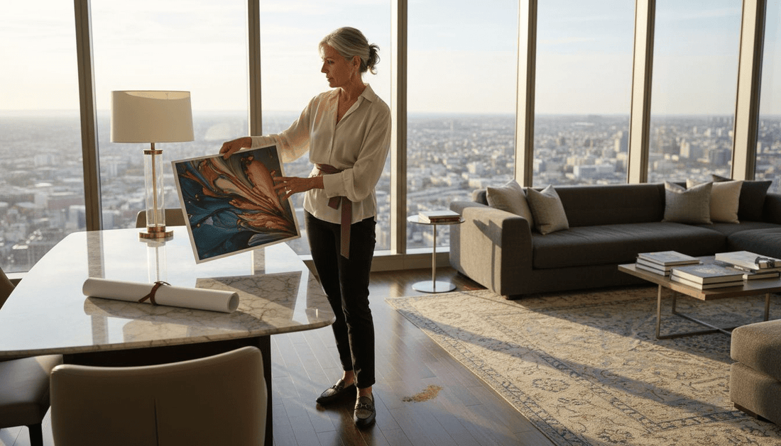 Designer reviewing art in luxury living room