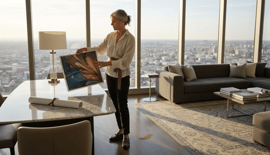 Designer reviewing art in luxury living room