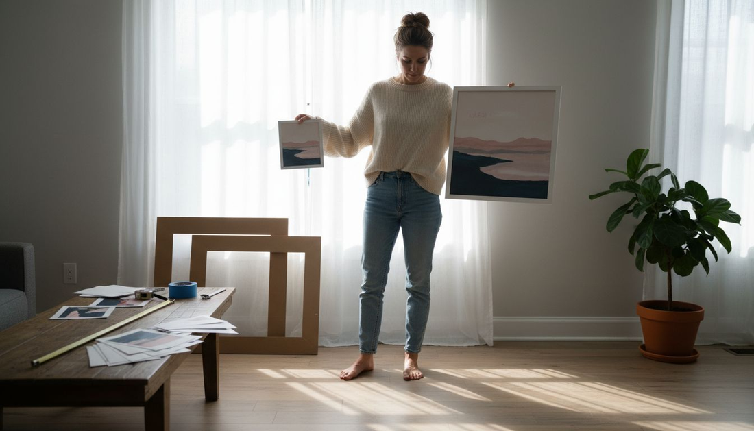 Person choosing art print sizes for wall