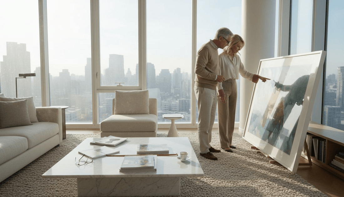 Couple reviewing art print in elegant home