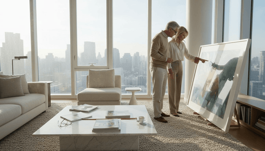 Couple reviewing art print in elegant home
