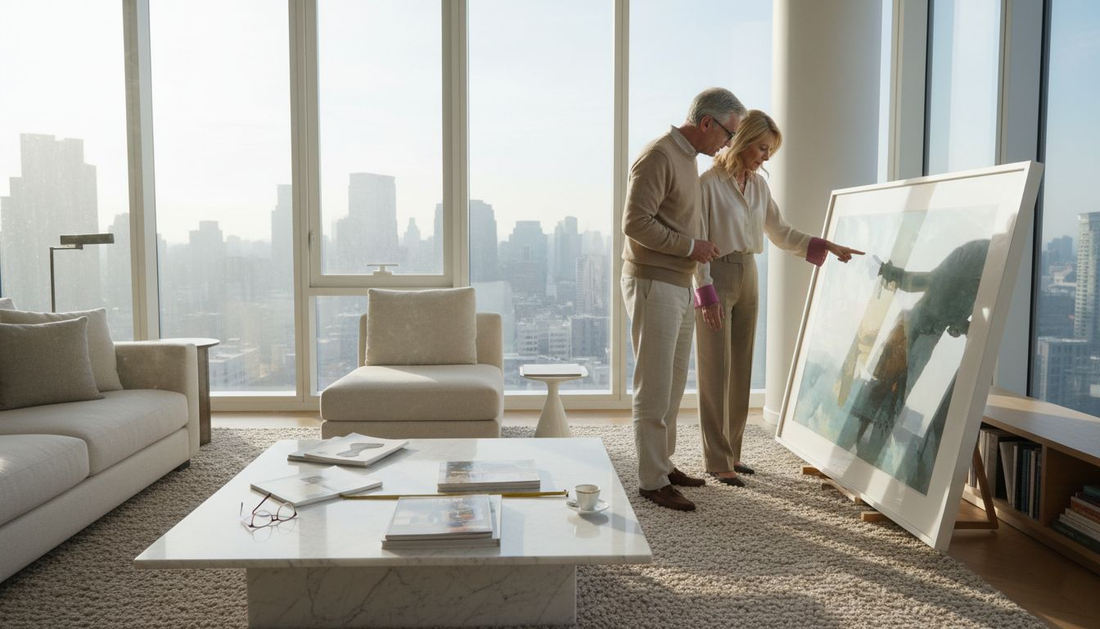 Couple reviewing art print in elegant home