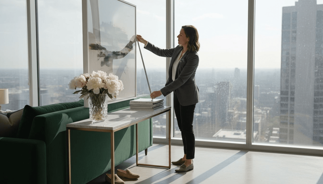 Designer placing art print in luxury living room