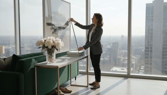 Designer placing art print in luxury living room