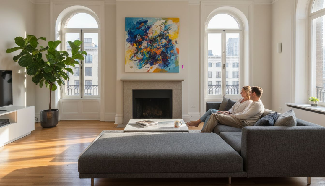 Modern living room with large abstract art