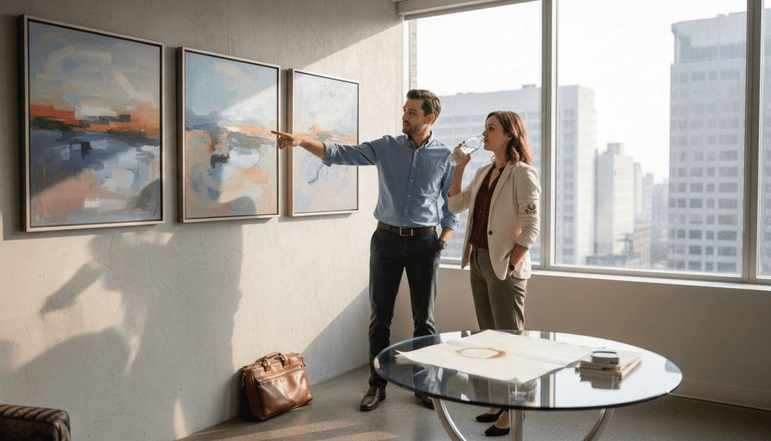 Employees discussing office art in workspace
