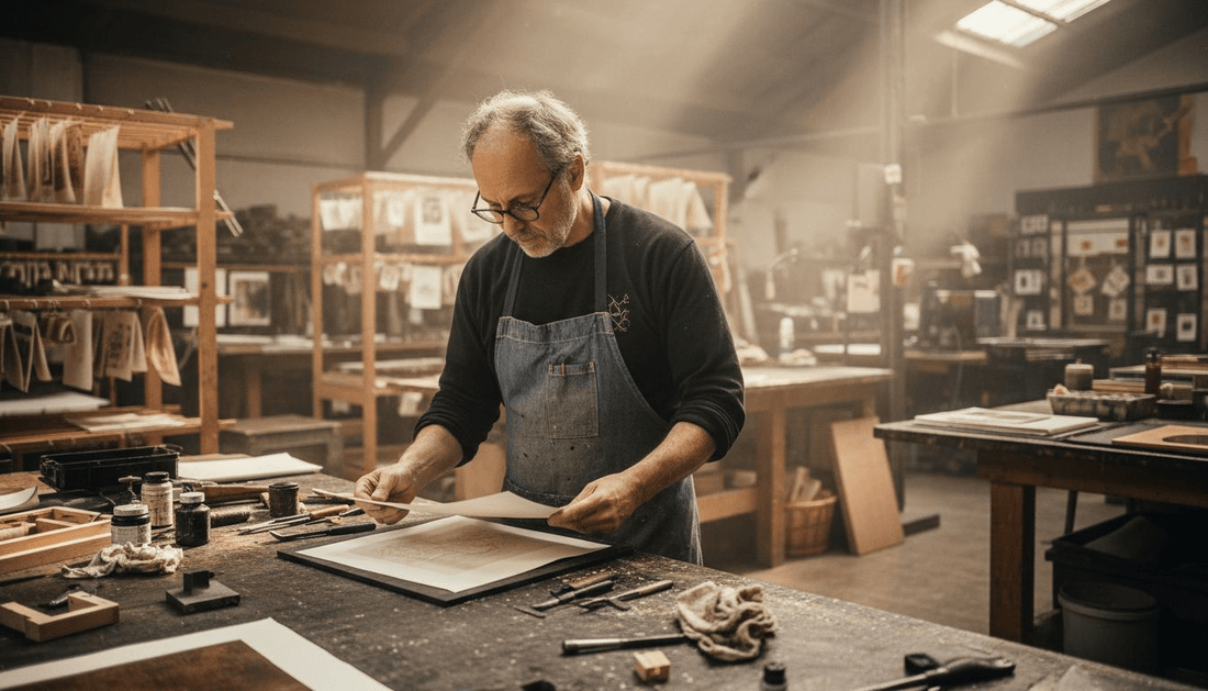Printer examines fine art print in studio