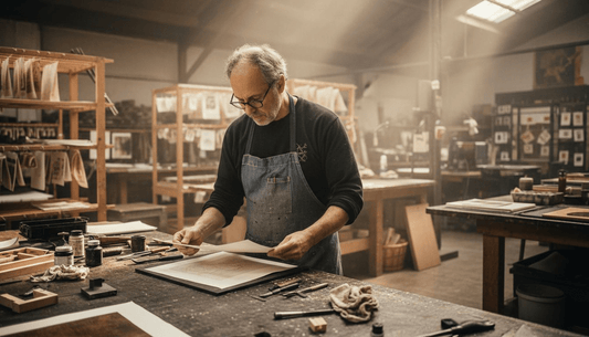 Printer examines fine art print in studio