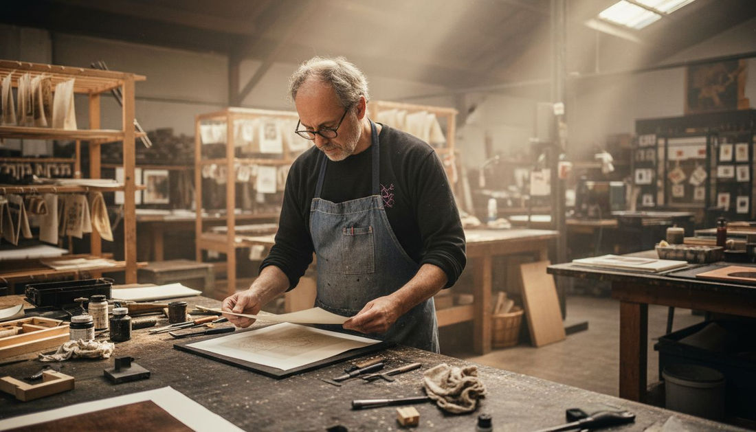 Printer examines fine art print in studio