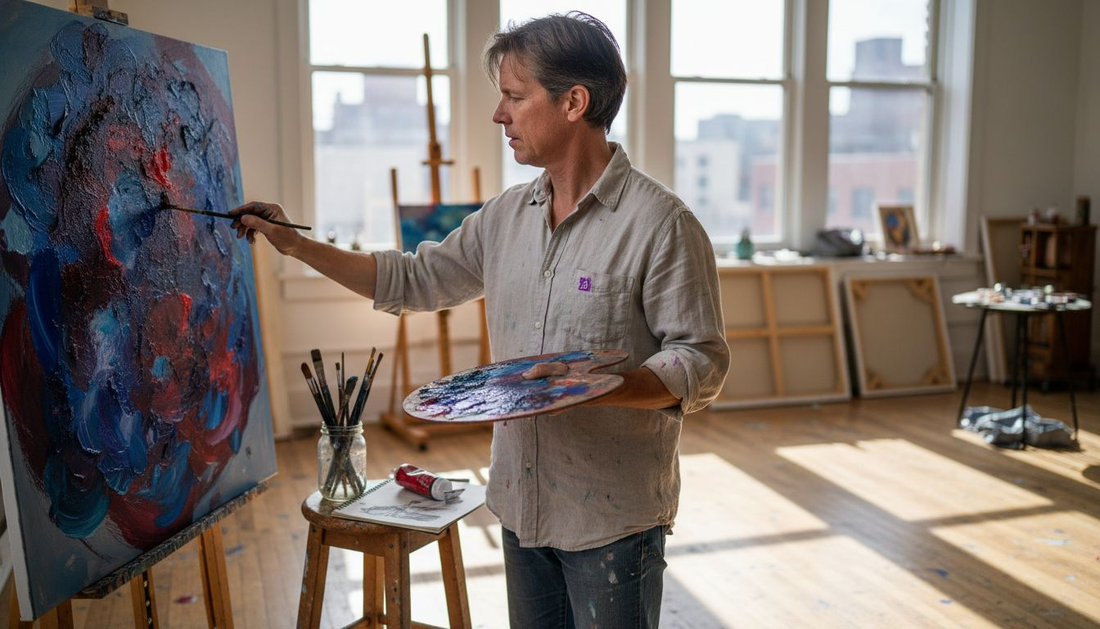 Artist painting with color palette in studio