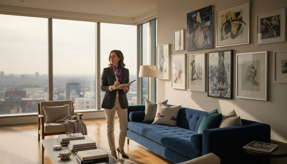 Designer surveying luxury home gallery wall