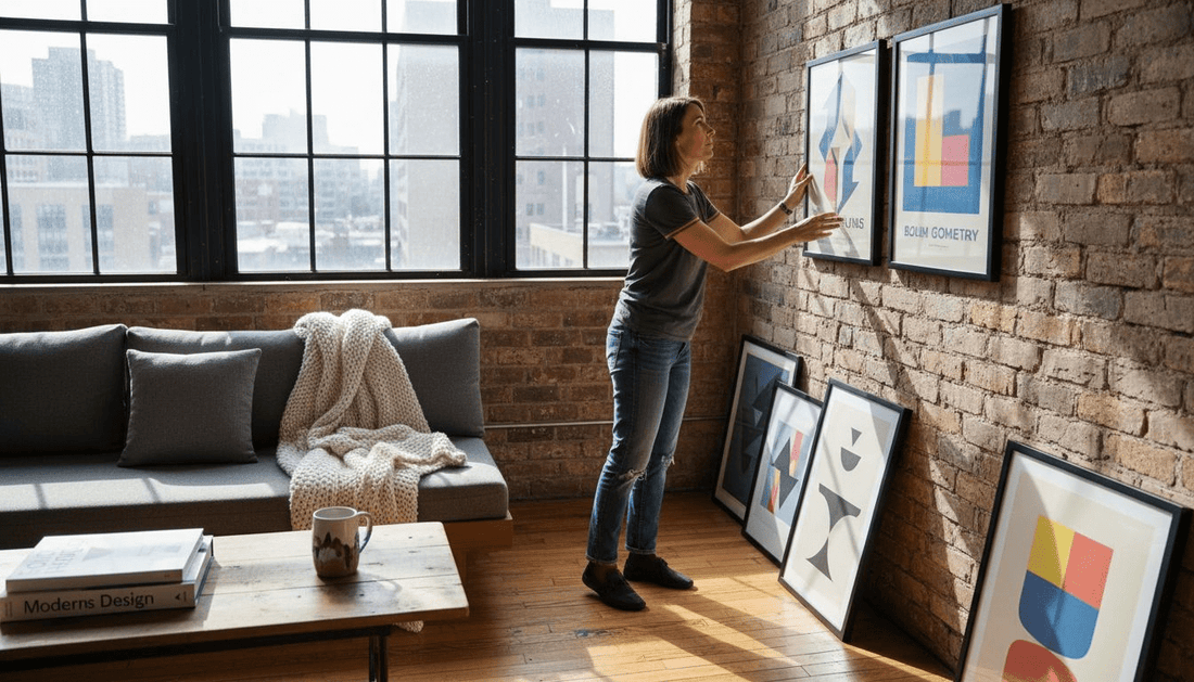 Woman arranging poster art in loft
