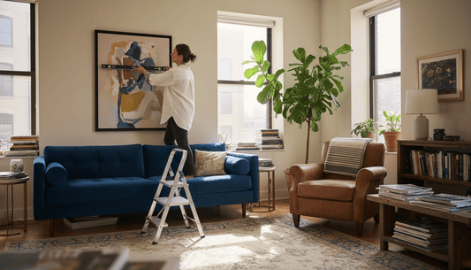 Woman hanging artwork in cozy living room