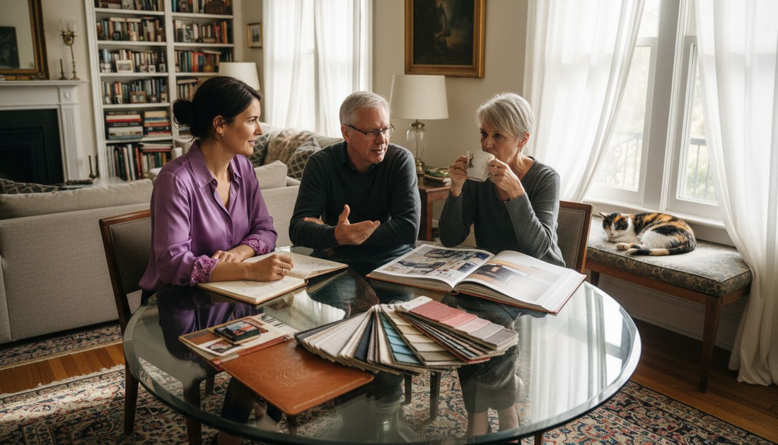 Designer and clients discussing art choices