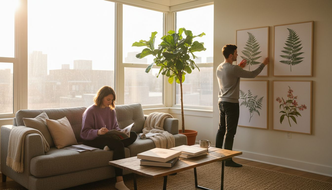 Couple arranging botanical wall art in apartment