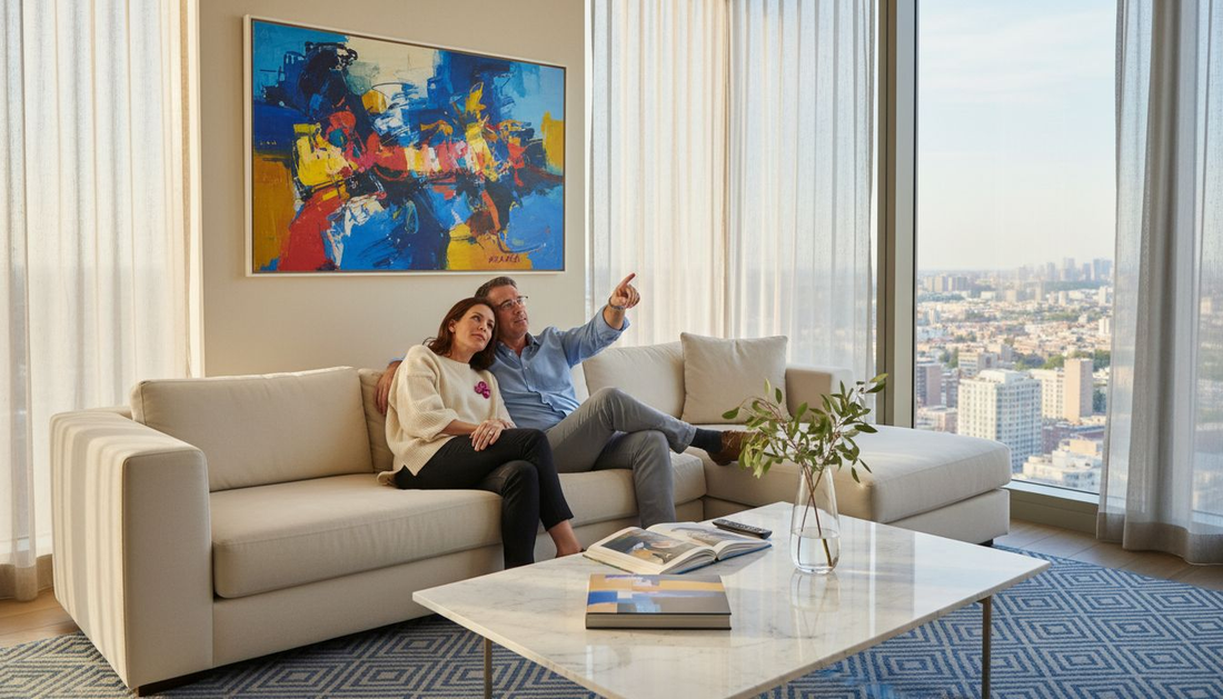 Couple admiring wall art in luxury living room