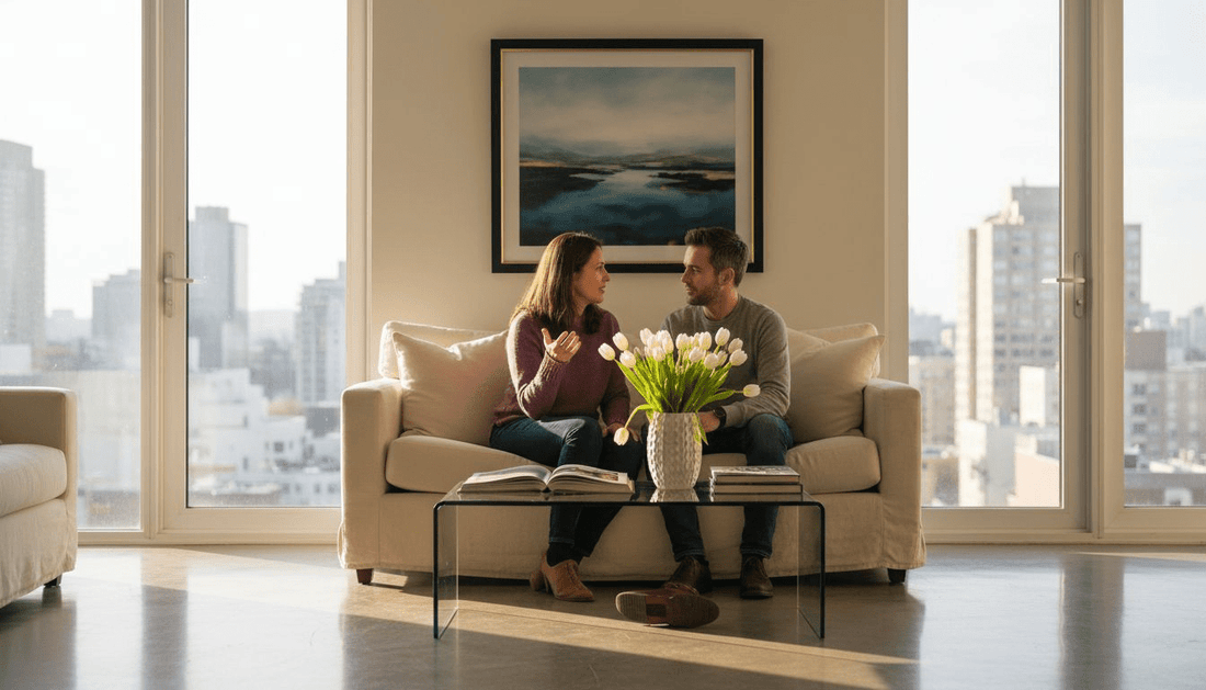 Couple enjoys framed print in upscale living room
