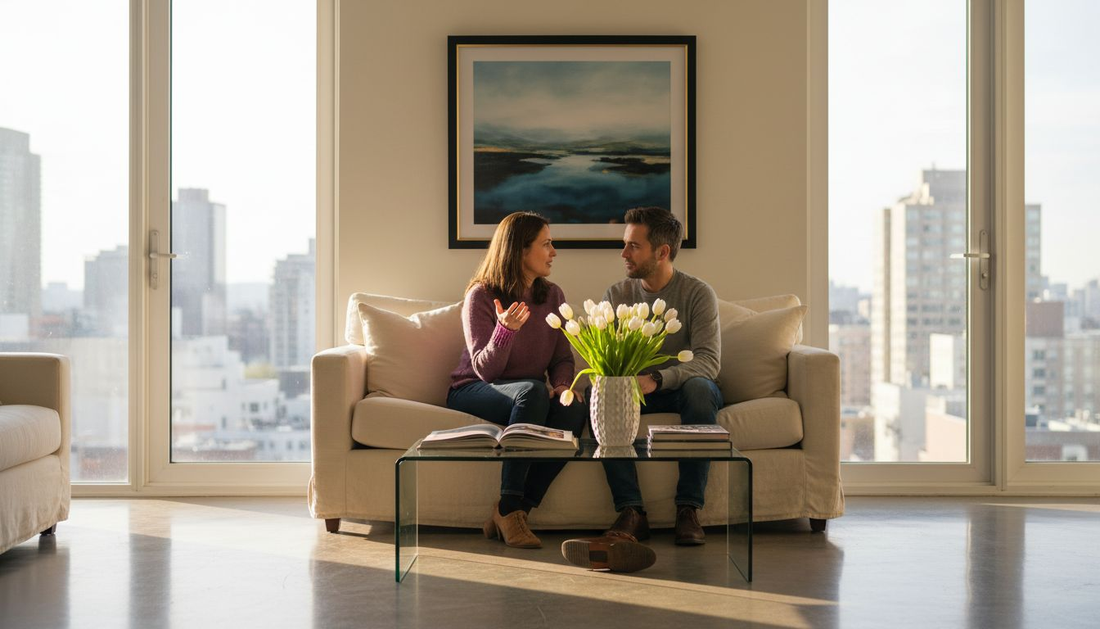 Couple enjoys framed print in upscale living room