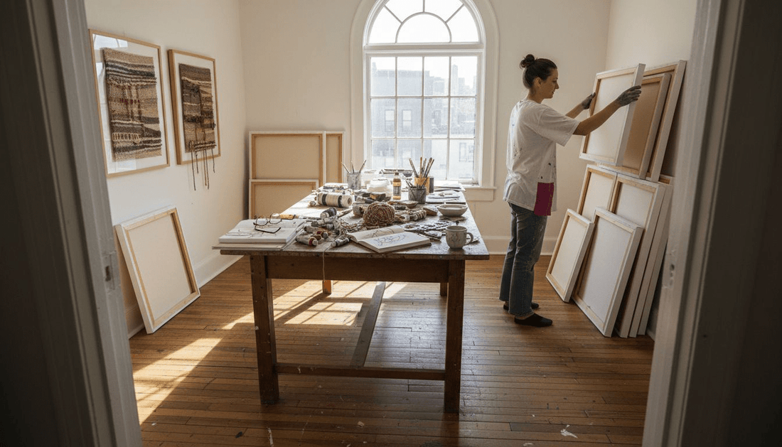 Artist picking canvas in studio with mixed art supplies
