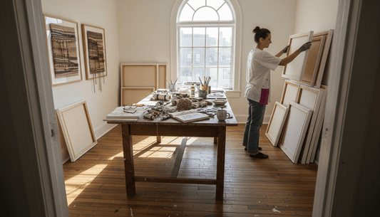 Artist picking canvas in studio with mixed art supplies