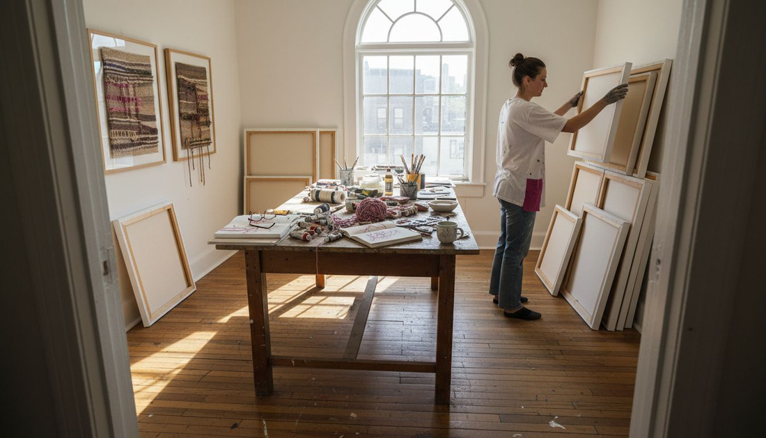 Artist picking canvas in studio with mixed art supplies