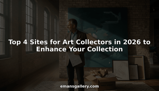 Art collector examining contemporary paintings in loft