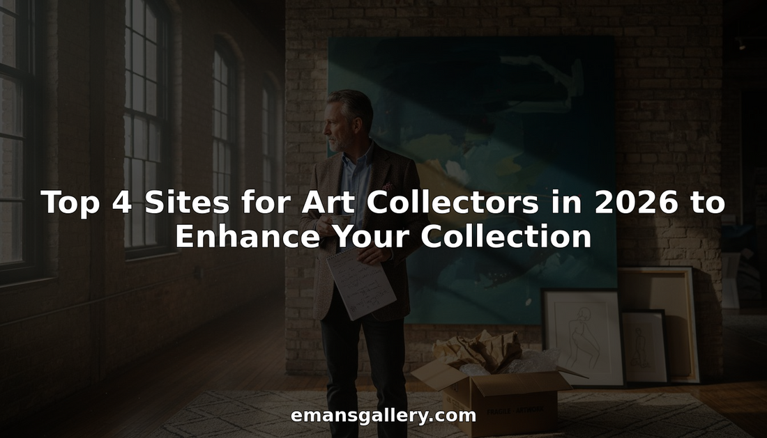 Art collector examining contemporary paintings in loft