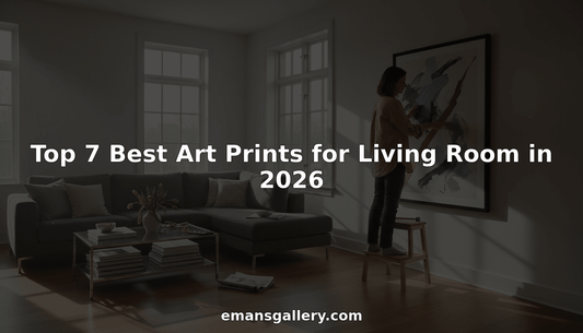Woman hangs art print in stylish living room