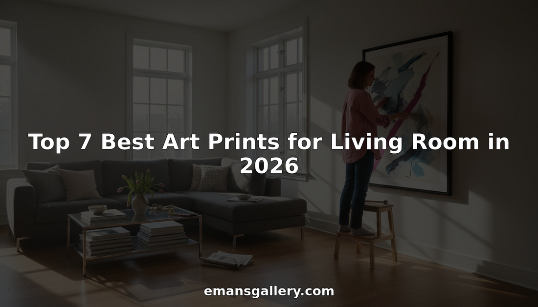 Woman hangs art print in stylish living room