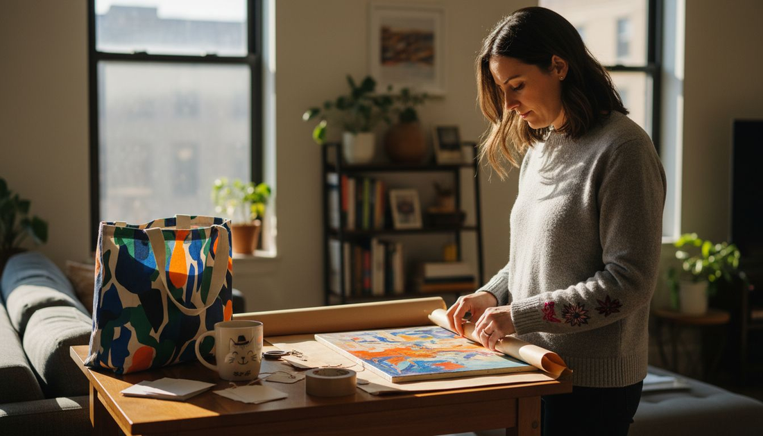 Woman wrapping art gifts in apartment living room