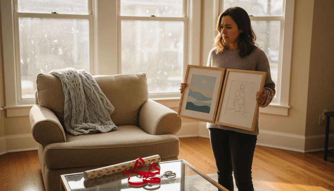 Woman comparing framed art gifts in living room