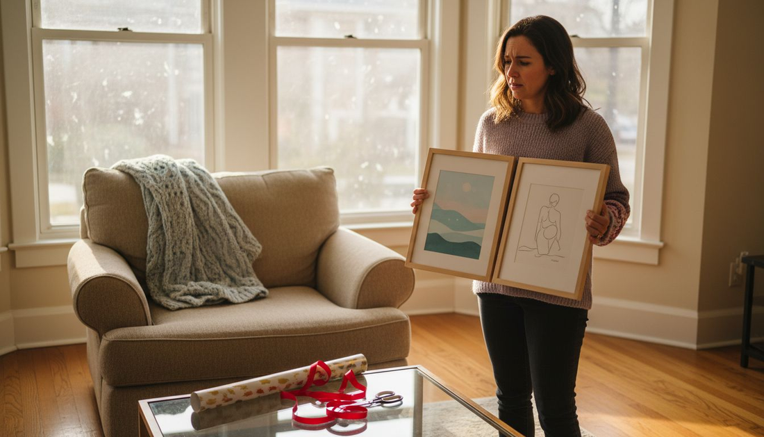 Woman comparing framed art gifts in living room
