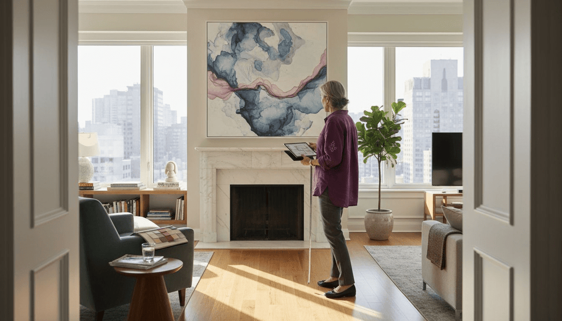 Interior designer examining large art print