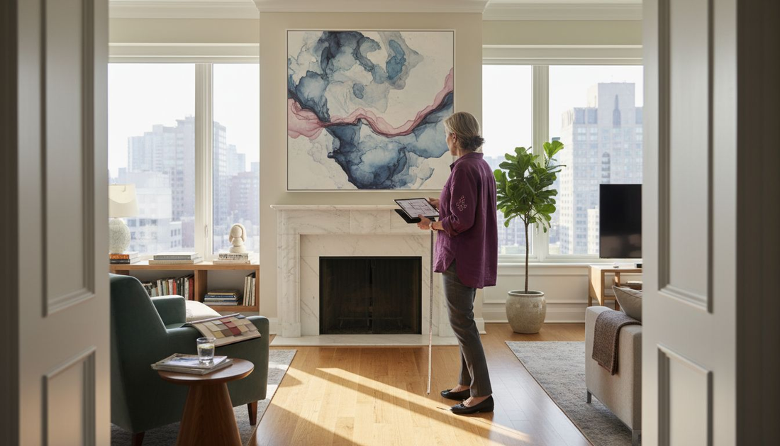 Interior designer examining large art print