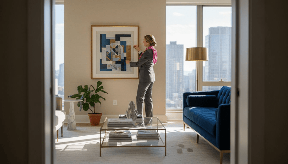Woman hanging digital art in luxury apartment