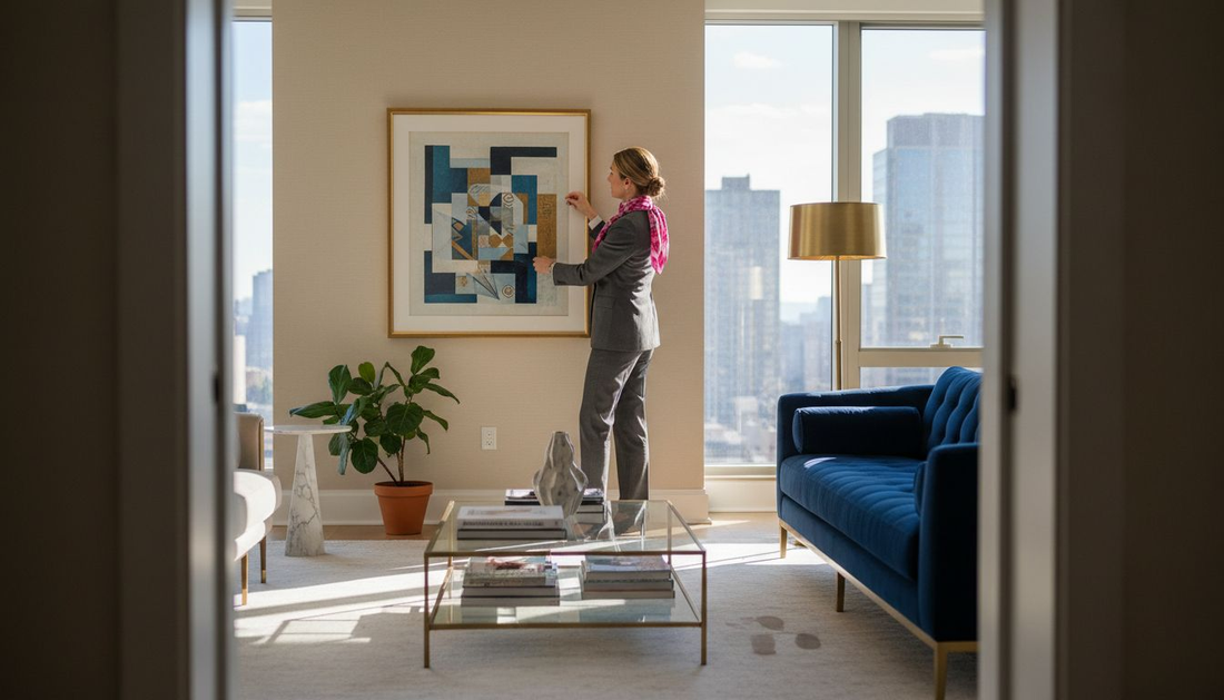 Woman hanging digital art in luxury apartment