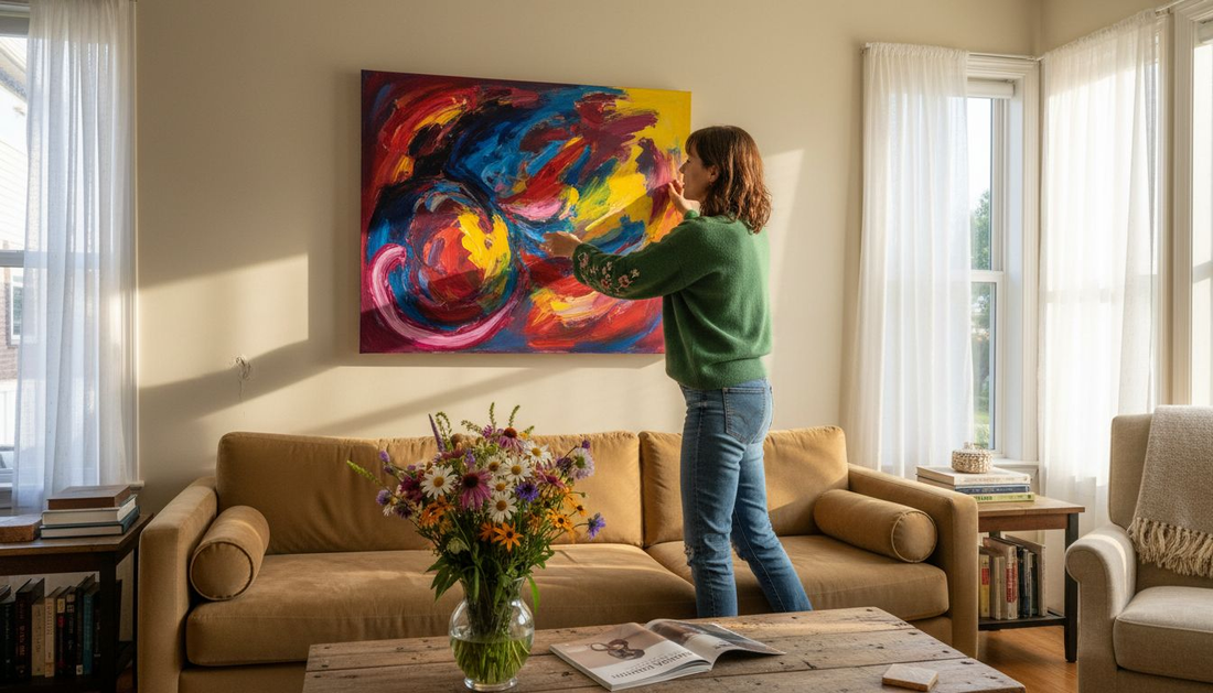 Woman arranging colorful wall art in living room