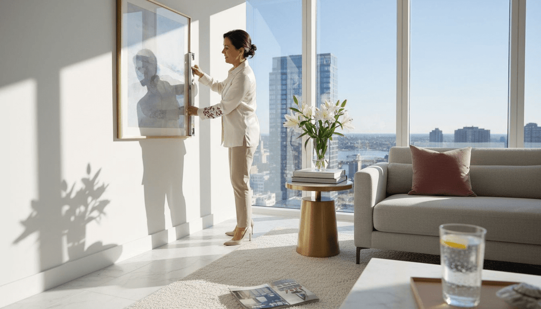 Woman hanging framed art in luxury living room